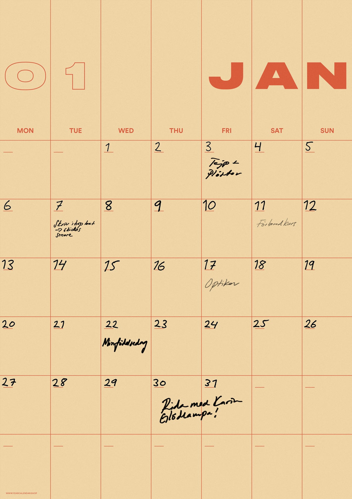 A3 Undated Wall Calendar