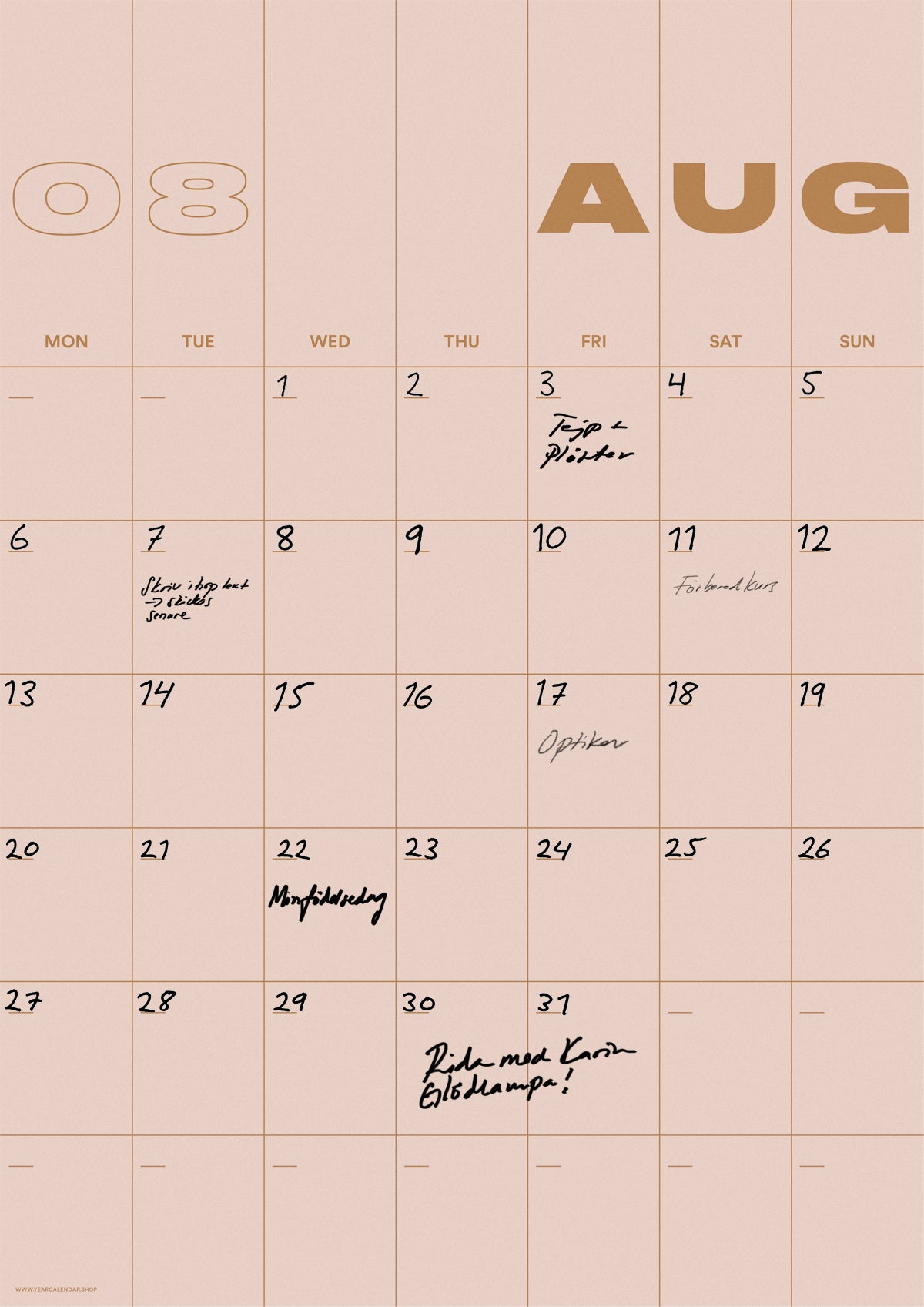 A3 Undated Wall Calendar